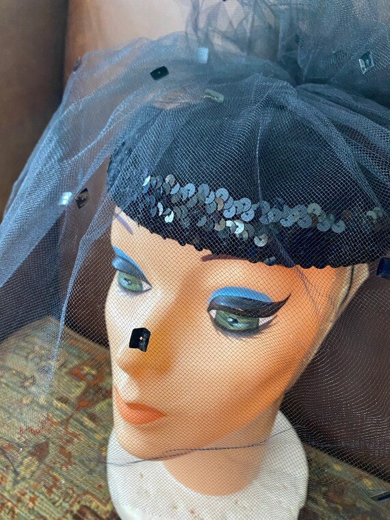 Vintage Pillbox Hat Tulle Netting Sequin Vintage … - image 5