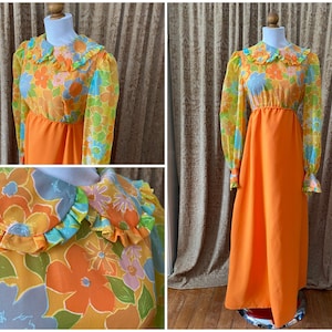 Vintage 1960s orange  and floral chiffon Evening Gown with Sheer Puffy Sleeves  with Ruffle Details Maxi Dress
