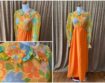 Vintage 1960s orange  and floral chiffon Evening Gown with Sheer Puffy Sleeves  with Ruffle Details Maxi Dress