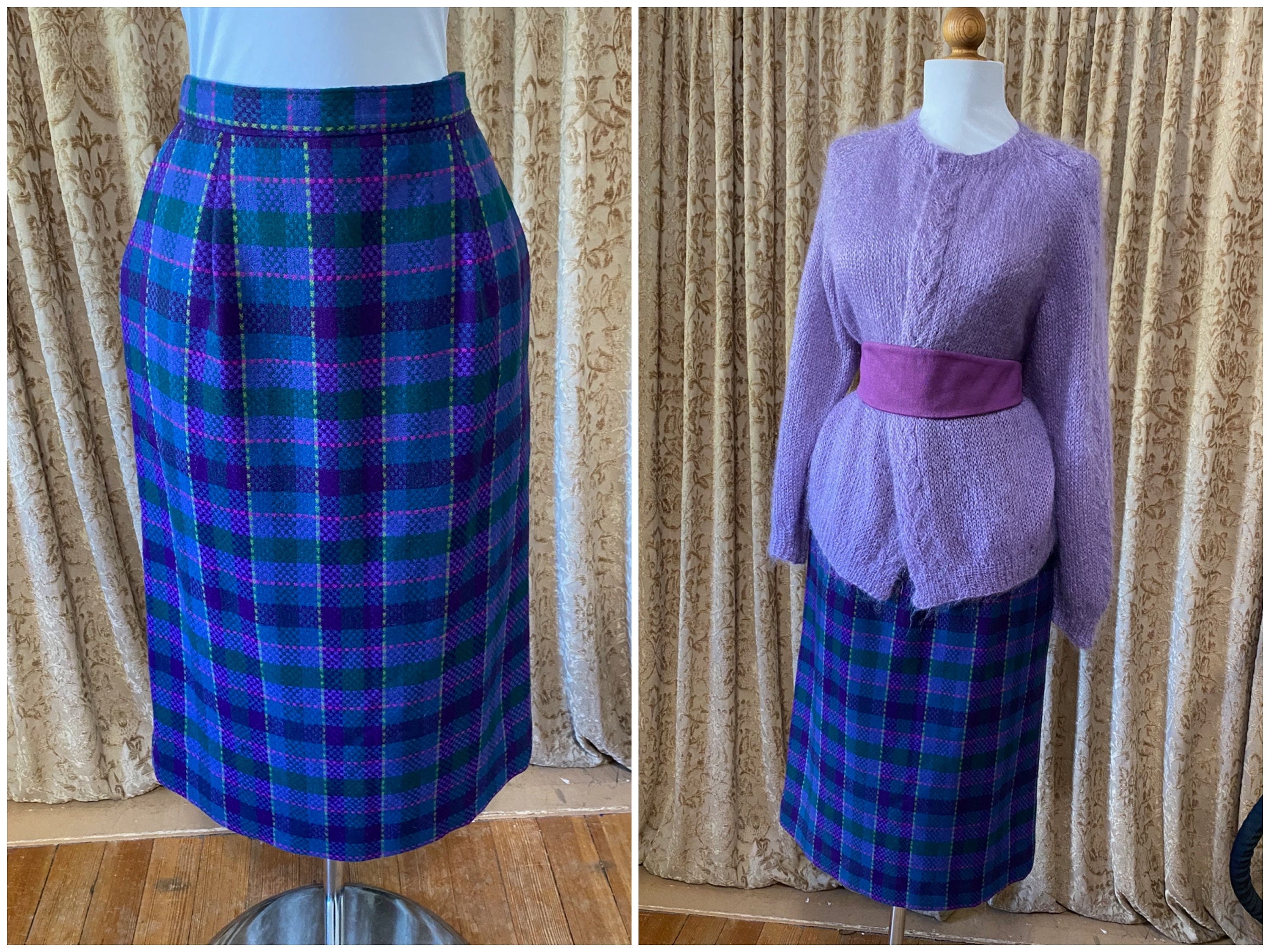 Vintage PENDLETON Falda lápiz de lana PEACOCK Colores JEWEL Tonos Tamaño 8 Coqueto Back Slit PURPLE