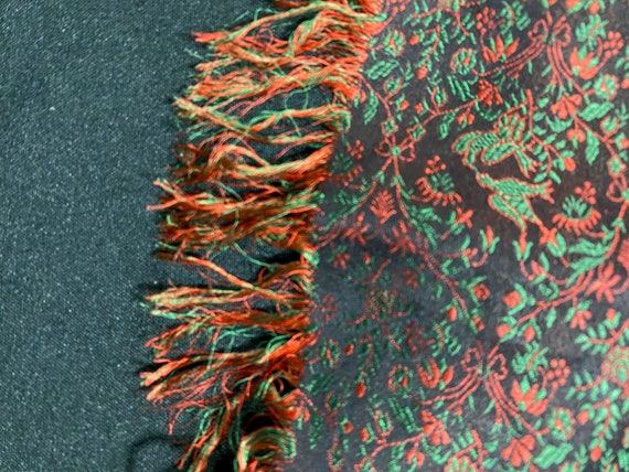Vintage Silk Damask Scarf with Fringe Birds Flora… - image 6