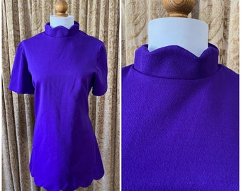 Purple Gogo Mini Dress Mod Scalloped Hem and Mock Neck Vintage 1960s Medium