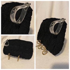 Large Black Corde Clutch Purse Vintage 1940s Black Crocheted Lucite Zipper
