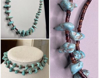 Heishi Beads & Turquoise Necklace Native American Nugget Beads Spaced Tribal Navajo