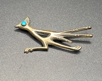 Sterling Silver Roadrunner Pin Brooch Turquoise Eye Southwest Design Vintage