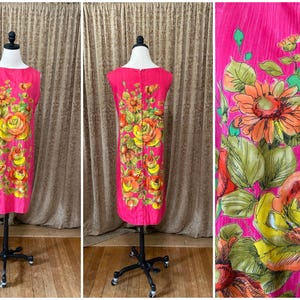 Vintage 1960s Shift Dress, Magenta Mod Vibrant Floral Panel Print