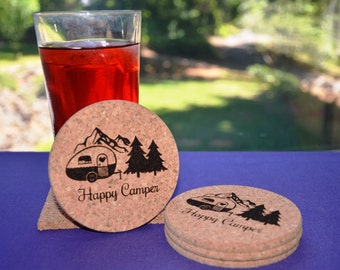 Camping Trailer Personalized Cork Coasters, Set of 4, Assorted Round or Square Travel Trailer Campsite Decor