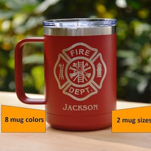 May include: Red stainless steel travel mug with a firefighter emblem and the text "FIRE DEPT. JACKSON".