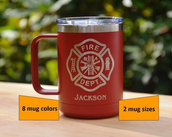 Personalized Firefighters Coffee Mug or Water Bottle, Custom Engraved Thin Red Line Coffee Cup