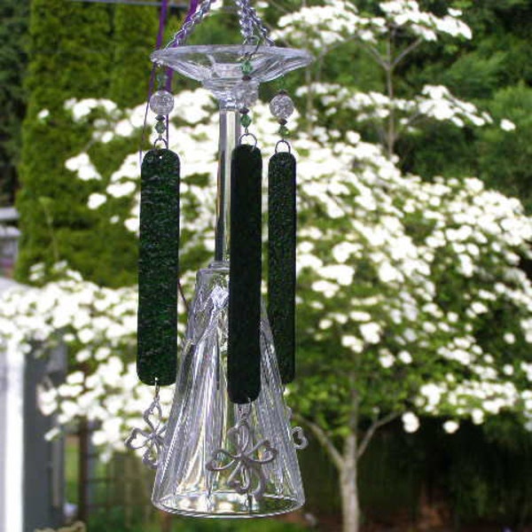 Green Crystal Wine Glass Windchime with Clover Accent