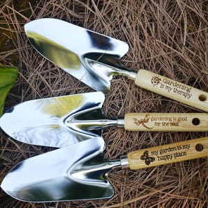 Engraved Garden Trowel or Cultivator with wooden handle and hang-up hole, Personalize with any name or short phrase image 1