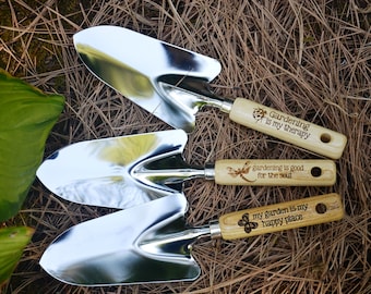 Engraved Garden Trowel or Cultivator with wooden handle and hang-up hole, Personalize with any name or short phrase