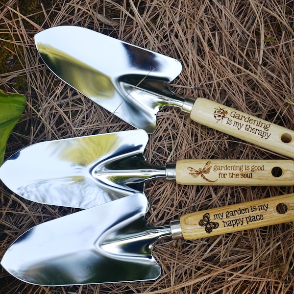 Engraved Garden Trowel or Cultivator with wooden handle and hang-up hole, Personalize with any name or short phrase