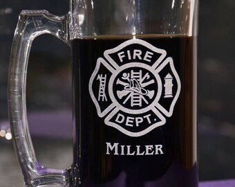 Personalized Fire fighter's Engraved Glass Mug, Custom Fireman's Retirement Gift, Maltese Cross Birthday Gift, Thin Red Line Award