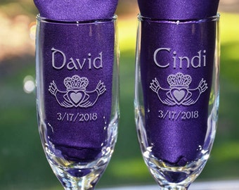 Personalized Claddagh Champagne Flutes: Custom Irish Wedding Toasting Glasses