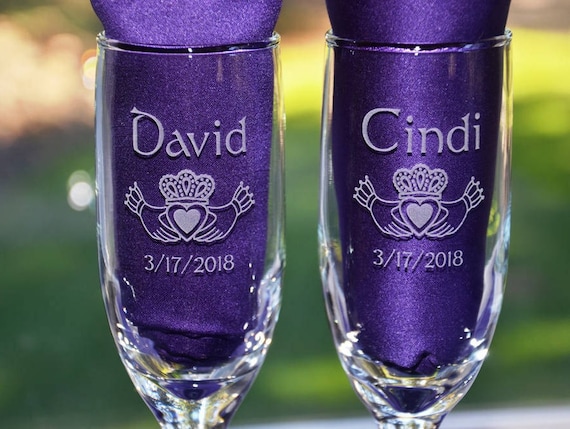 Personalized Claddagh Champagne Flutes: Custom Irish Wedding Toasting Glasses