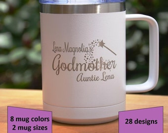 Personalized Godparent Coffee Mug with clear standard lid, Custom Engraved Godmother Baptism Gift