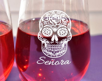 Personalized Engraved Sugar Skull Glass To Celebrate Dia de los Muertos the Day of the Dead, Great Wedding, Anniversary or Birthday Gift