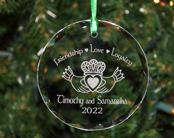 Personalized Engraved Irish Celtic Claddagh Crystal Glass Christmas Ornament, Holiday Ornament, 1st Christmas, Anniversary Gift - ORN10