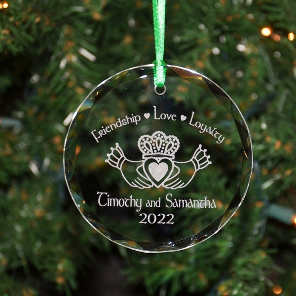 Personalized Engraved Irish Celtic Claddagh Crystal Glass Christmas Ornament, Holiday Ornament, 1st Christmas, Anniversary Gift - ORN10