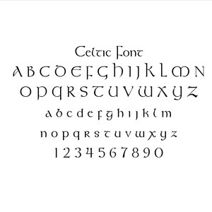 May include: A black Celtic font display featuring the uppercase alphabet from A to N, followed by O to Z, then the lowercase alphabet from a to m, then n to z, and finally the numerals 0 through 9, all presented in a stylized, angular typeface.