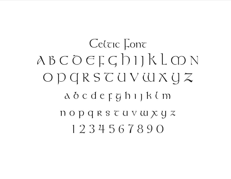 May include: A black Celtic font display featuring the uppercase alphabet from A to N, followed by O to Z, then the lowercase alphabet from a to m, then n to z, and finally the numerals 0 through 9, all presented in a stylized, angular typeface.