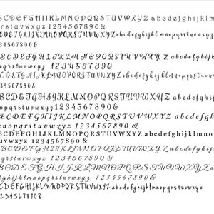 May include: A black and white chart displaying ten distinct calligraphic font styles, each numbered 1 through 10. Every row includes the full uppercase and lowercase English alphabet, the numbers 0 through 9, and an ampersand symbol.