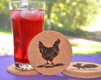 Personalized Rooster and Hen Cork Coasters, Set of 4 Coasters or Trivets, Country Decor