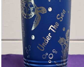 Custom Engraved Sea Turtles with Octopus and Seashells, Personalized Nautical Tumbler, Marine Life Water Bottle, Seamless Full Wrap Design