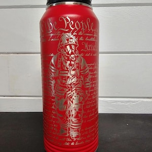 Personalized Firefighter's Patriotic Full Wrap Water Bottle, Custom Engraved Firefighter Hydrate Tumbler, Three Sizes