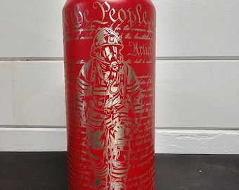 Personalized Firefighter's Patriotic Full Wrap Water Bottle, Custom Engraved Firefighter Hydrate Tumbler, Three Sizes