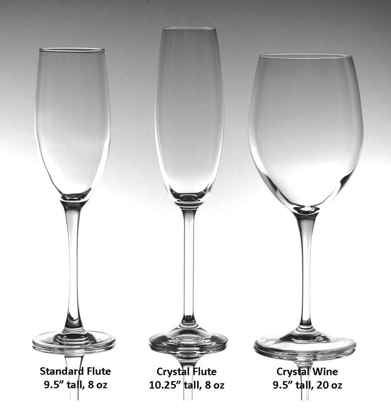 May include: Three clear glass stems: a Standard Flute at 9.5 inches tall and 8 ounces, a Crystal Flute at 10.25 inches tall and 8 ounces, and a Crystal Wine glass at 9.5 inches tall and 20 ounces, all featuring slender stems and circular bases.