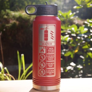 Personalized Red Fire Extinguisher Water Bottle, Custom Engraved Firefighter Hydrate Tumbler, Three Sizes