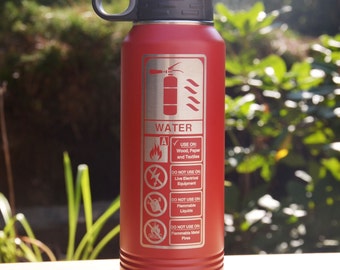 Personalized Red Fire Extinguisher Water Bottle, Custom Engraved Firefighter Hydrate Tumbler, Three Sizes