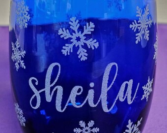 Cobalt Blue Personalized Snowflake Wine Glass or Candleholder,