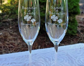 Personalized Four Leaf Clover Wedding Champagne Flutes: Custom Engraved Irish Anniversary Glasses