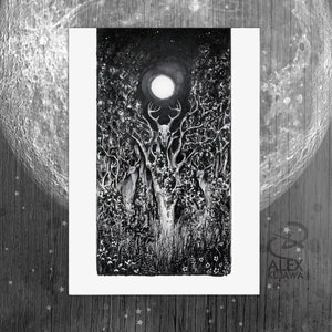 BUCK MOON - July full moon haunted deer forest wendigo skull night fantasy folklore art - 5x7 & 8x12 prints