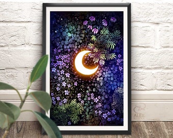 MOON GARDEN - haunted garden crescent moon purple night flowers fantasy art - prints