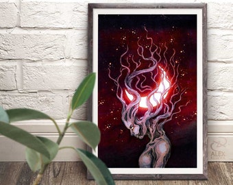 Lunar Dryad - crescent moon crimson red night haunted tree fantasy art - giclée prints