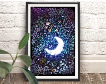 FALLEN MOON - haunted garden crescent moon blue night flowers fantasy art - prints