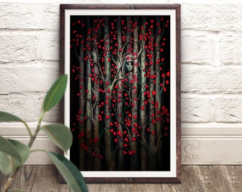 December - haunted witch forest ghost red leaves hidden in trees fantasy nature earth goddess art - giclée prints