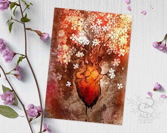 The Blossoming Heart - crimson red flowering heart fantasy art - giclée prints