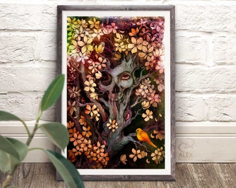 Orange Bird - Haunted Forest Enchanted Tree Fantasy Art - giclée prints