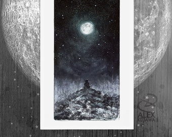 LAST MOON - December full moon haunted winter mountain forest galaxy sky apocalypse mourning fantasy folklore art - 5x7 & 8x12 prints