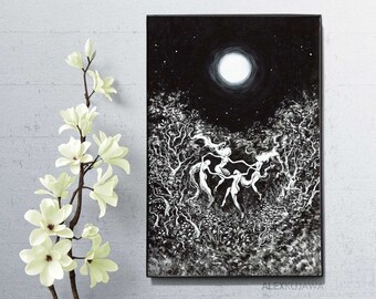 ROUND FOREST - a full moon haunted forest spirits witches dance night fantasy folklore art - 5x7 giclee print