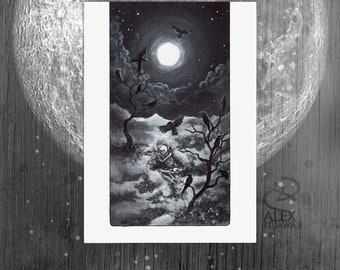 CROW MOON - March full moon haunted raven crows grave fantasy folklore art - 5x7 & 8x12 prints