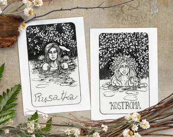 Slavic Water Nymphs: Rusalka & Kostroma - Pagan Slavic Mythology Deities - 5x7 small giclée prints