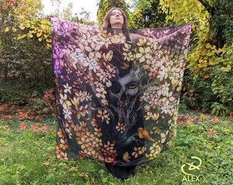 ORANGE BIRD Scarf / Wall Tapestry - orange tree skull floral fantasy horror art - Lightweight Square Chiffon Fabric