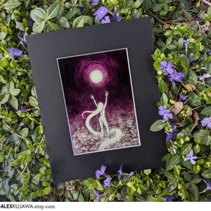 April Special: PINK MOON glow-in-the-dark April full moon haunted wild flower field garden witch ritual fantasy folklore art image 2