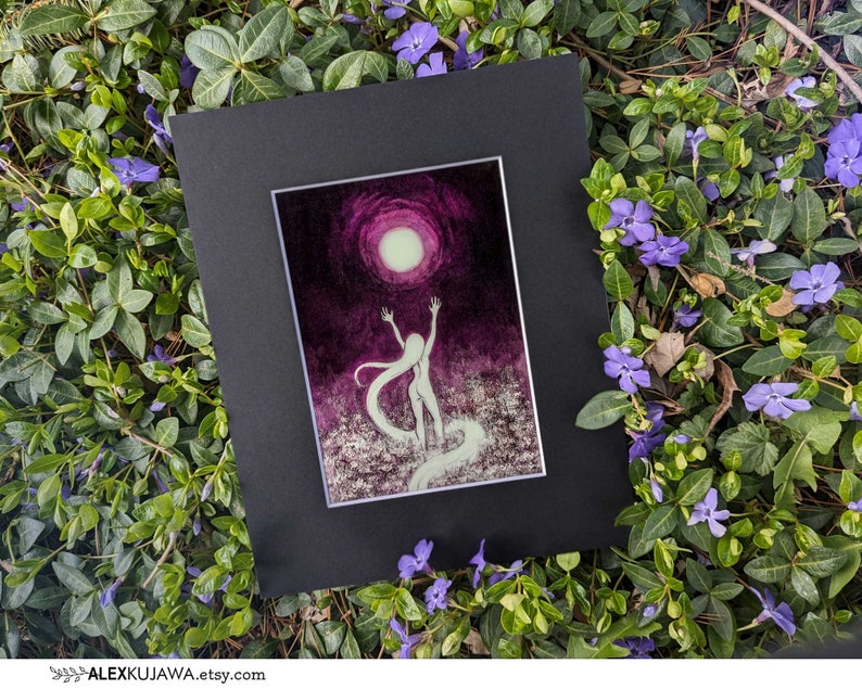 April Special: PINK MOON glow-in-the-dark April full moon haunted wild flower field garden witch ritual fantasy folklore art image 2